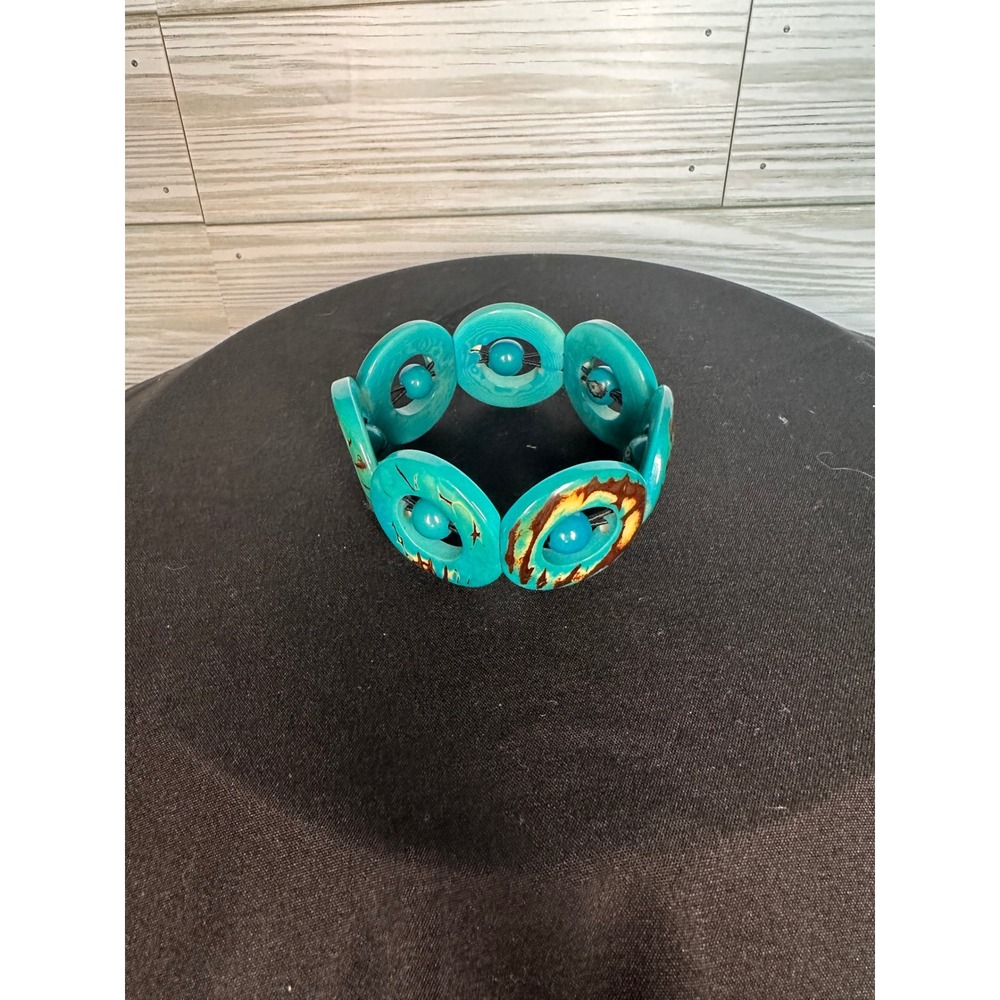 Petaluma Tropical Tagua Circle Stretch Bracelet OS Teal Boho Statement